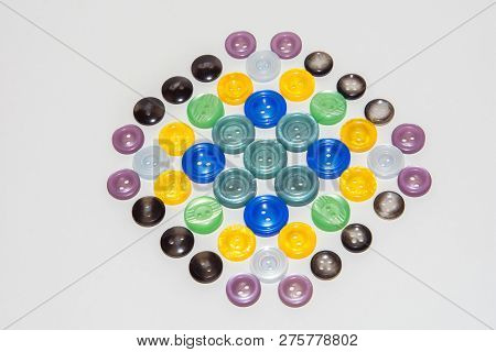 Collection Of Various Buttons For Clothes Repair. Set Of Colored Buttons. Isolated.