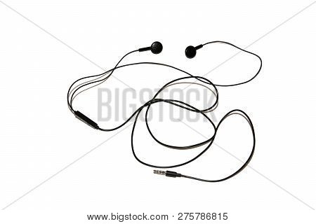 Wired Headphones. Realistic Black Headphones Music Accessories Isolated On White Background.