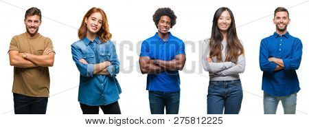 Composition of african american, hispanic and chinese group of people over isolated white background happy face smiling with crossed arms looking at the camera. Positive person.