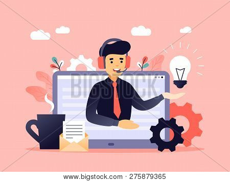 Concept Customer And Operator, Online Technical Support 24-7 For Web Page. Vector Illustration Male 