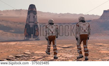 Astronaut Wearing Space Suit Walking On The Surface Of Mars. Exploring Mission To Mars. Futuristic C