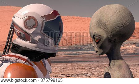 Astronaut Meets A Martian On Mars. First Contact. Alien On Mars. Exploring Mission To Mars. Coloniza