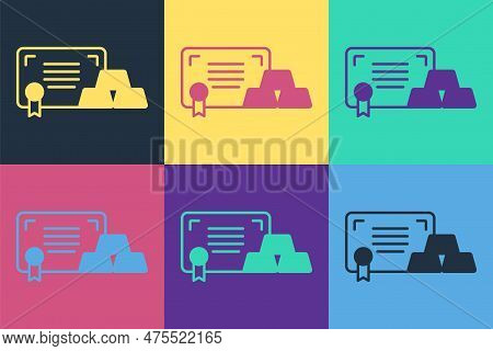 Pop Art Gold Bars With Certificate Icon Isolated On Color Background. Banking Business Concept. Vect