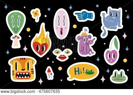 Stickerpack With Various Funny Comic Cute Characters And Doodles Such As Tiger, Cherry, Alien, Burni