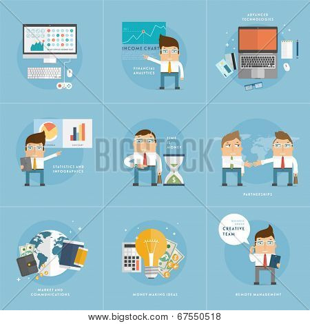 Set of Flat Style Icons for Business Design. Office Workers, Managers and Developers. Advanced Technology and Remote Management Icons. Office Items. World Globe. Financial Analysis and Statistics.