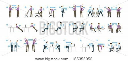 Sport exercises for office. Office yoga for tired employees with chair and table.