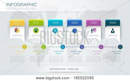 Vector infographics timeline design template with 3D paper label and graph 6 steps options. For workflow, layout, diagram infograph, business infographic, flowchart, process diagram, time line, chart