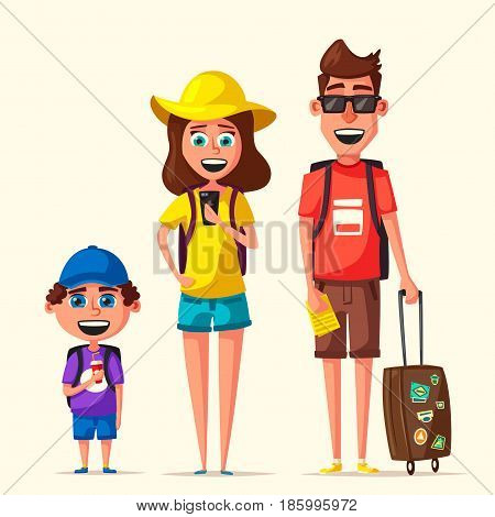 Happy family in travel. Journey of parents and child. Cartoon vector illustration. Character design on travelers. Family having summer holidays trip. People ready for sightseeing tour. Travelling together