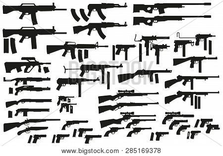 Graphic Black Detailed Silhouette Pistols, Guns, Rifles, Submachines, Revolvers And Shotguns. Isolat