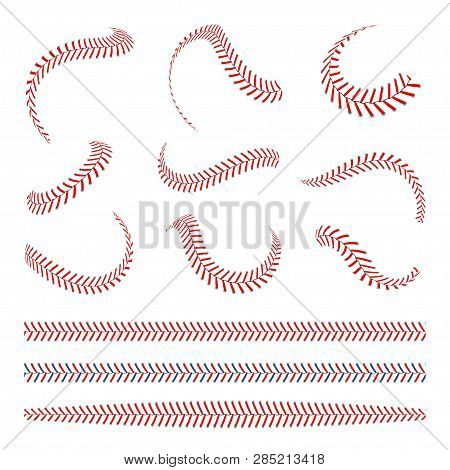 Baseball Laces Set. Baseball Stitches With Red Threads. Sports Graphic Elements And Seamless Brushes