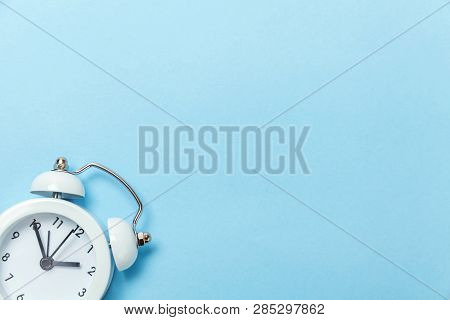 Ringing Twin Bell Vintage Classic Alarm Clock Isolated On Blue Pastel Colorful Trendy Background. Re