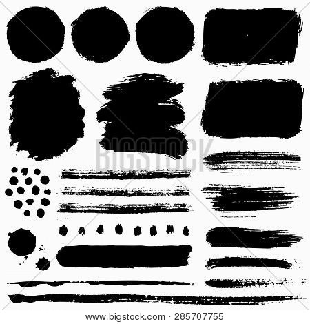 Paint Brush Strokes And Grunge Stains Isolated On White Background. Black Vector Design Elements For