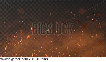 Realistic Fire Sparks Background On A Transparent Background. Burning Hot Sparks Effect With Embers 