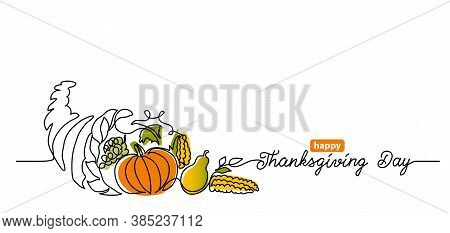 Thanksgiving Day Line Art Background With Horn Of Plenty, Cornucopia And Vegetables. Simple Vector W