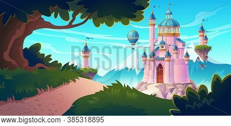 Pink Magic Castle, Princess Or Fairy Palace At Mountains With Rocky Road Lead To Gates With Flying T