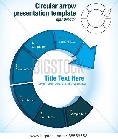 Circular arrow pictogram flow chart presentation template with six individual partitions for text