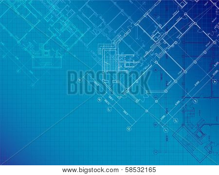 Blue architectural background with plans