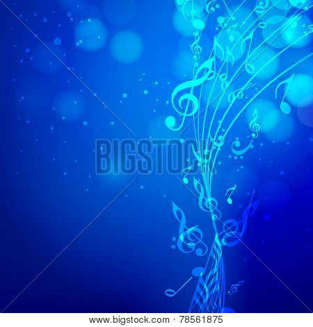 Shiny musical blue waves with musical notes on stylish blue background.