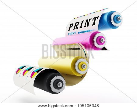 CMYK Printing press with test print. 3D illustration.