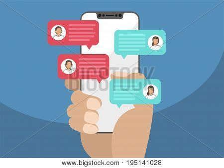 Hand holding modern bezel free / frameless smartphone with chat message notifications. Illustration of chatting speech bubbles as concept of chat, conversation, online dialog.