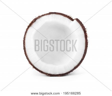 A  fresh coconut piece, isolated on a white background. A big ripe coconut. Exotic large coconut. Shaggy cocos. Fruit. Cocoanuts are the fruit of the palmtree.