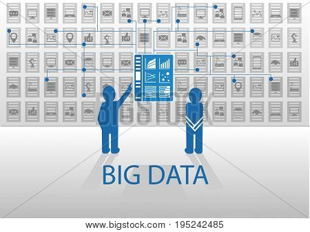 Two icon persons analyzing big data via dashboard