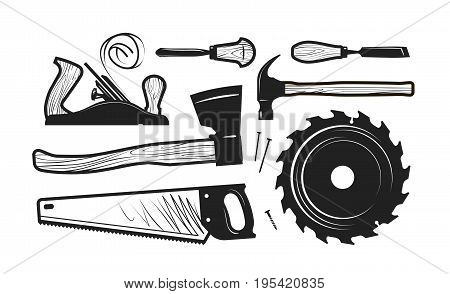 Carpentry, joinery icons. Set of tools such as axe, hacksaw, hammer, planer, disc circular saw, cutters. Vector illustration isolated on white background