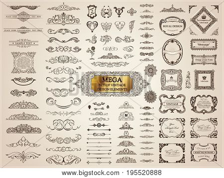 Vintage page dividers old crest and frames. Calligraphic Design logo set. Vector flourishes illustration. Border, royal ornament, decor menu elements, card invitations, labels, Restaurant and Cafe