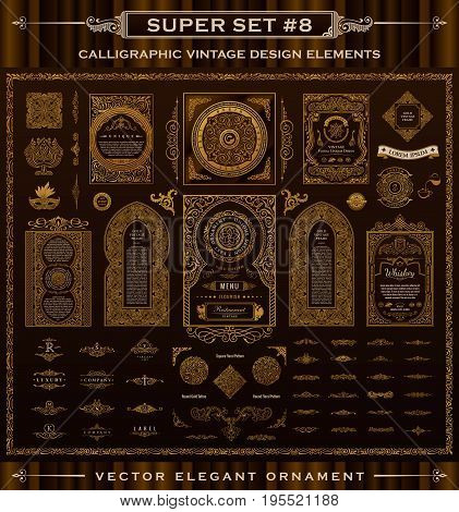 Calligraphic Design logo set. Vintage crest Gold elements. Vector flourishes illustration. Border frame collection royal ornament page divider, menu card, invitations, labels, Restaurant, Cafe, Hotel