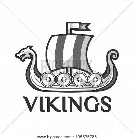 Viking warship boat logo template with Drakkar or Drekar figurehead. Vector Scandinavian wooden longship of ancient Swedish or Norse warriors