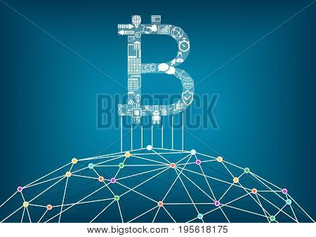 Bitcoin vector illustration background with connected internet as an example for crypto currencies and block chain technology