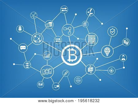 Bitcoin and blockchain vector illustration background with icons