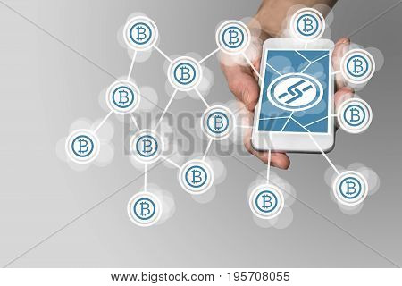 Blockchain background with icons and hand holding smartphone