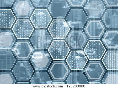 Blockchain or digitization blue and grey background with hexagonal shaped pattern