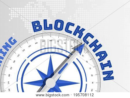 Blockchain concept with compass pointing towards text with world map