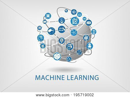 Machine learning infographic. Connected intelligence devices with globe.