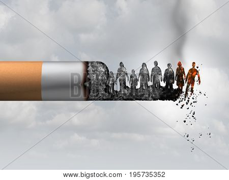 Smoking and society smoker death and smoke health danger concept as a cigarette burning with people falling as victims in hot burning ash as a metaphor causing lung cancer risks with 3D illustration elements.