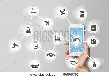 Internet of things (IOT) concept illustrated by modern smartphone managing connected objects