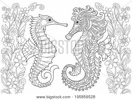 Coloring page of seahorse. Freehand sketch drawing for adult antistress colouring book with doodle and zentangle elements.