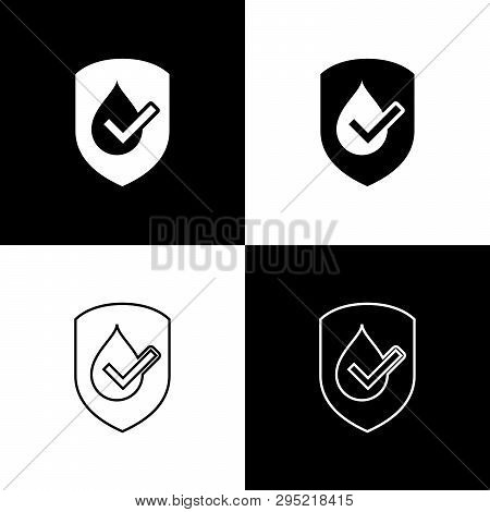 Set Waterproof Icons Isolated On Black And White Background. Water Resistant Or Liquid Protection Co