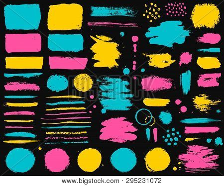 Paint Brush Strokes And Colorful Ink Stains Isolated On Black Background. Grunge Vector Design Eleme