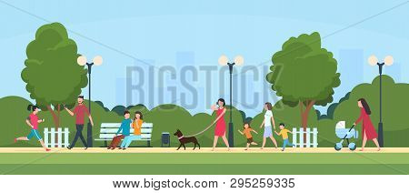 People In Park. Persons Leisure And Sport Activities Outdoor. Cartoon Family And Kids Characters In 