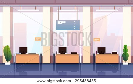 Bank Interior. Banking Investment Wealth Growth Symbols. Empty Bank Office Consulting Center Cartoon