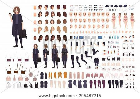 Fashionable Teenage Girl Avatar Constructor Kit. Set Of Body Parts, Clothes And Accessories. Trendy 