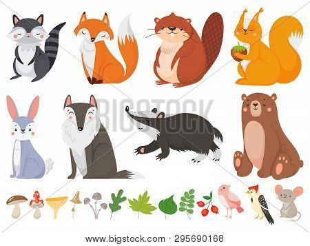 Funny Wood Animals. Wild Forest Animal, Happy Woodland Fox And Cute Squirrel Vector Cartoon Illustra