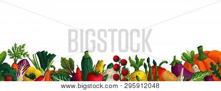 Wide Horizontal Vegetable Background. Copy Space. Variety Of Decorative Vegetables With Grain Textur