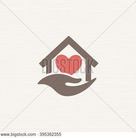 House With Heart Inside House And Caring Hand, Vector Sign. Symbol Care For Elderly At Home, Care Lo