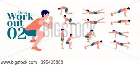 Men Workout Set. Men Exercise Vector Set. Men Doing Fitness And Yoga Exercises. Lunges, Pushups, Squ