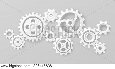 Gear Wheels. Realistic 3d White Cogs And Gears Mechanism. Teamwork Cooperation Machine Symbolism. En