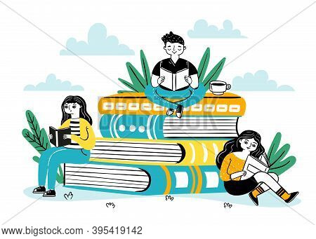 Reading On Pile Of Books. Happy Students Sit On Big Book Stack, Read And Learn. Books Festival Poste